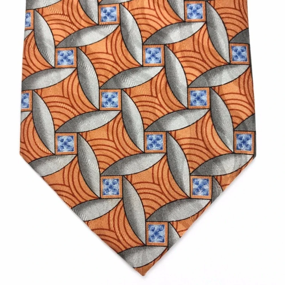 Jos A Bank Tie 100% Silk Geometric Orange Blue Gray Business Men's Necktie 58
